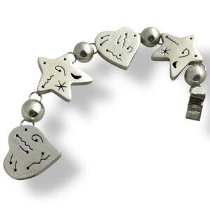 Sterling Celestial Star and Heart Link Bracelet 7.5" long 1.25" wide